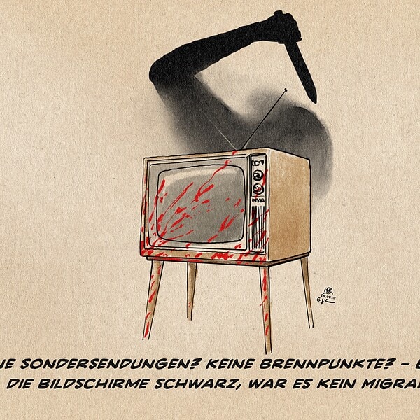 Illustration eines blutbespritzten Fernsehers, der ausgeschaltet ist vor einer Wand auf der vage Schattern eines Menschen der dem mit Messer zusticht zu sehen ist. Textzeile: Keine Sondersendungen? Keine Brennpunkte? Bleiben die Bildschirme schwarz, war es kein Migrant