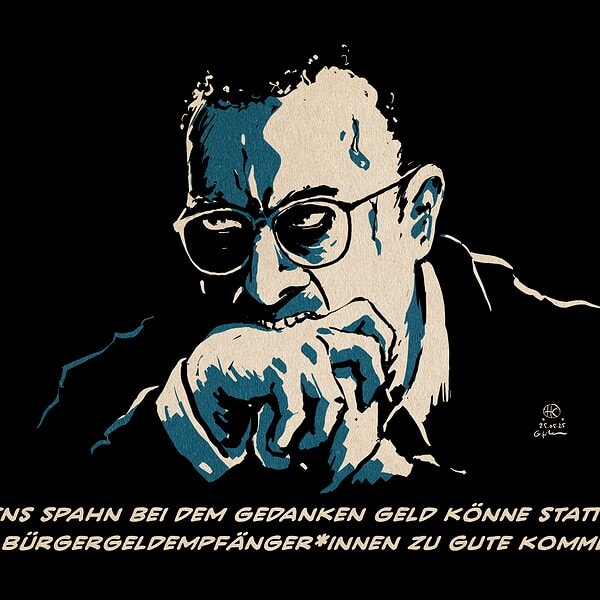 Illustration von Jens Spahn in der Nacht, wie er sich gierzerfressen beim Nachdenken in den Handrücken beißt. Textzeile: Jans Spahn bei dem Gedanken Geld könne statt zu ihm Bürgergeldempfänger*innen zu gute kommen.