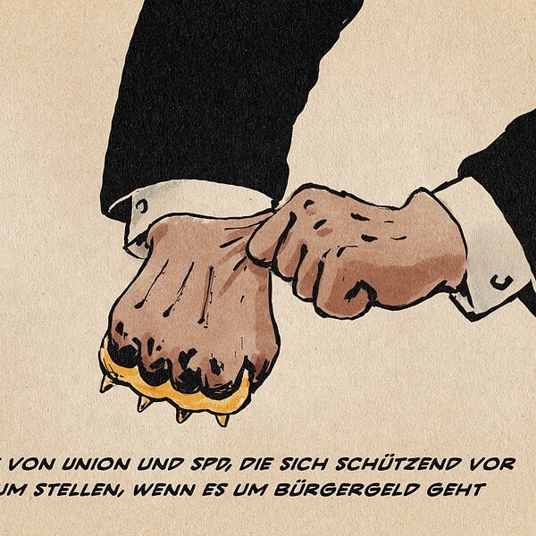 Illustration der Hände eines Anzugträgers, die sich Lederherrenhandschuhe und einen Schlagring anzuehen. Textzeile: Die Hände vo. Union und SPD, die sich schützend vor Cum-Cum stellen, wenn es um Bürgergeld geht.