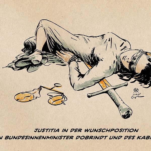 Illustration einer am Boden liegenden, an Händen und Füßen bewegungsunfähig zusammen gefesselt. Textzeile:
