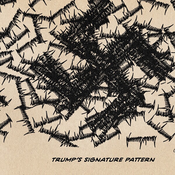 Illustration of Trump‘s Signatures forming a swastika. Textline: Trump‘s signature pattern