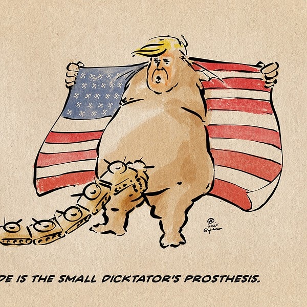 Illustration of Trump as an exhibitionist showing off his nudity and a long parade of armor. The inside of his wide-open coat shows the flag of the USA, with the stars replaced by swastikas.