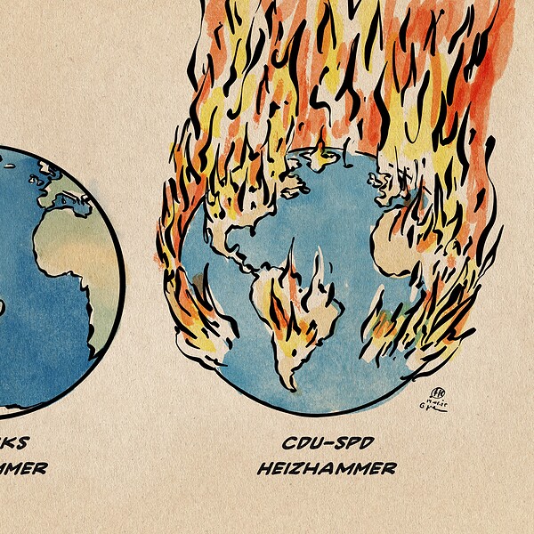 Illustration zwei Globen: der eine ist ein normaler, typischer Globus mit grünen Kontinenten. Er ist beschriftet mit Habecks Heizhammer. Der ist beschriftet mit CDU-SPD Heizhammer und brennt lichterloh.