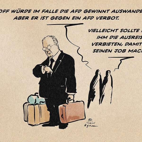 Illustration von Reiner Haseloff mit Koffern wartend und auf seine Uhr schauend. im Hintergrund zwei schemenhafte Menschen, die zu ihm herübersehen. Der eine sagt: Haseloff würde im Falle die AfD gewinnt auswandern, aber er ist gegen ein AfD Verbot. Der andere entgegnet: Vielleicht sollte man ihm die Ausreise verbieten, damit er seinen Job macht.