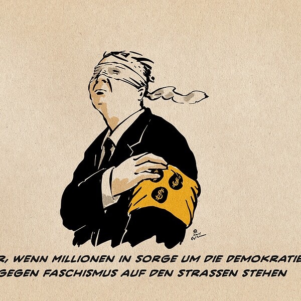 Illustration eines wegschauenden Mannes mit Augenbinde, der sich eine Blindenbinde über den Ärmel zieht. In den schwarzen Punkten des Blindenzeichens sind als Hinweis auf das internationale Großkapital Dollarzeichen zu sehen. Textzeile: Der ÖRR, wenn Millionen in Sorge um die Demokratie und gegen Faschismus auf den Straßen stehen
