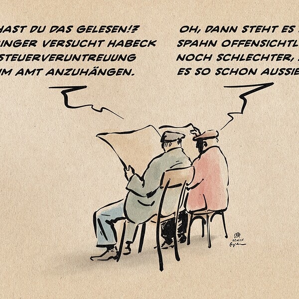 Illustration zweier Zeitungslesender Männer. Der eine sagt zum anderen: Hast Du das gelesen!? Springer versucht Habeck Steuerveruntreuung anzuhängen. Der andere entgegnet: Oh, Dann steht es um Spahn offensichtlich noch schlechter, als es so schon aussieht.