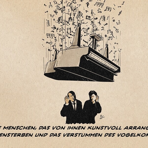 Illustration eines auf zwei angestrengt in die Stille hörenden Menschen mit einem Notenschweif fallender Konzertflügel. Textzeile: Die Menschen, das von ihnen kunstvoll arrangierte Artensterben und das verstummen des Vogelkonzertes.