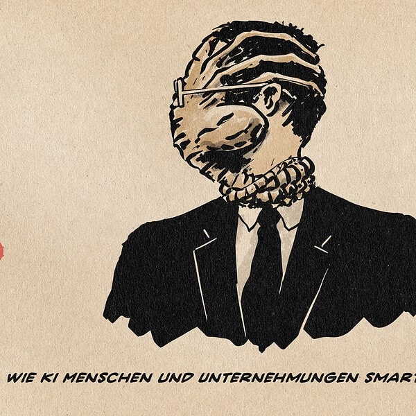 Illustration eines Mannes im Anzug, der einen Facehugger im Gesicht trägt. Facehugger sind frühe Entwicklungsstadien des Aliens aus dem dem Weltraum-Horror-Action Epos Alien, die sich den Kopf mit spinnenartigenbeinen umklammernd am Gesicht festkrallen, um über die Speiseröhre ins Körperinnere zu gelangen. Textzeile Wie KI Menschen und Unternehmungen smarter macht.