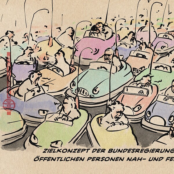 Illustration eines wilden Verkehrsstaus von wütenden, sich anschreienden Menschen in Jahrmarkts-Autoscootern. textzeile: Zielkonzept der Bundesregierung zum öffentlichen Personen Nah- und Fernverkehr
