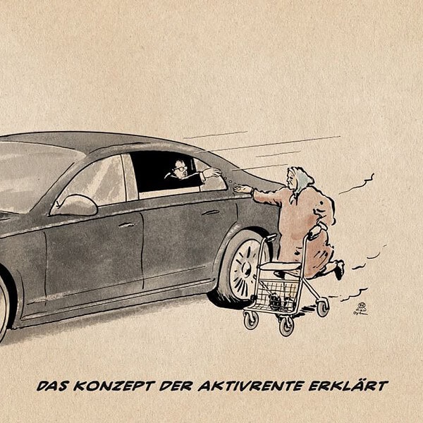 Illustration einer mit dem Rollator neben einem Maybach herlaufenden Rentnerin, die aus dem Wagen ein paar Groschen erbettelt. Textzeile: Das Konzept der Aktivrente erklärt
