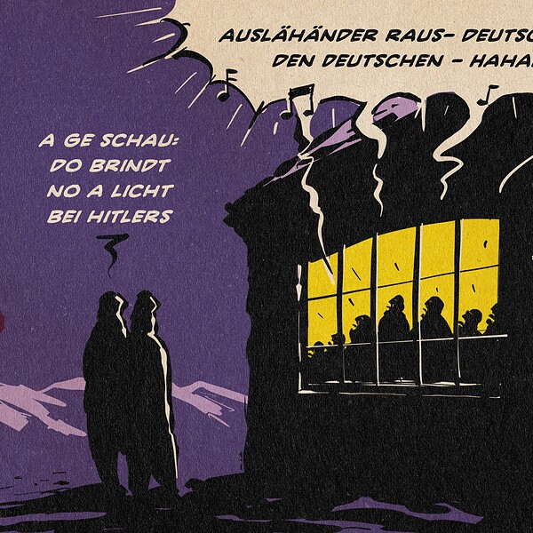 Illustration zweier Menschen nachs im Widerschein eines Kneipenfensters hinter dem Menschen singen. Sie singen Den Gassenhauer Ausländer raus, Deutschland den Deutschenn und lachen. Der eine der Beobachter sagt auf bayerisch: A ge schau: Do brindt noa Licht bei Hitlers.