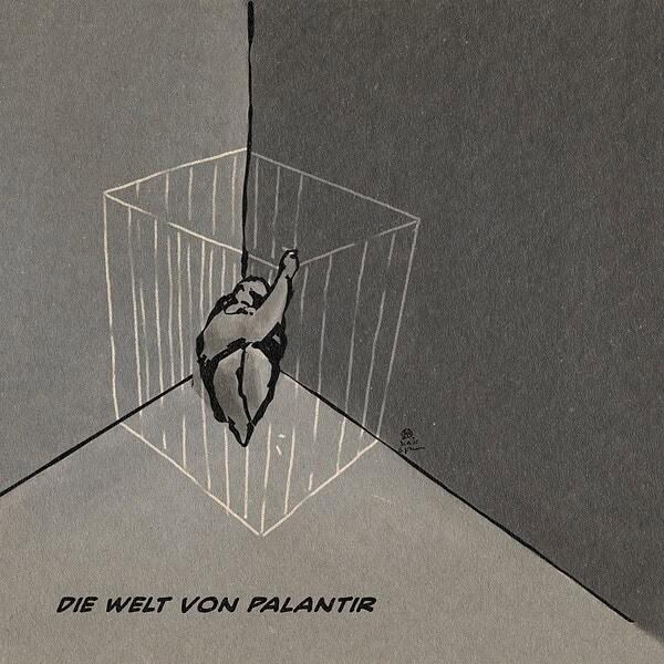 Illustration eines grauen Menschen selbtsumschlungen in eine graue, kahle Ecke gekauert, der mit Kreide einen Käfig um sich herum zeichnet. Textzeile: Die Welt von Palantir