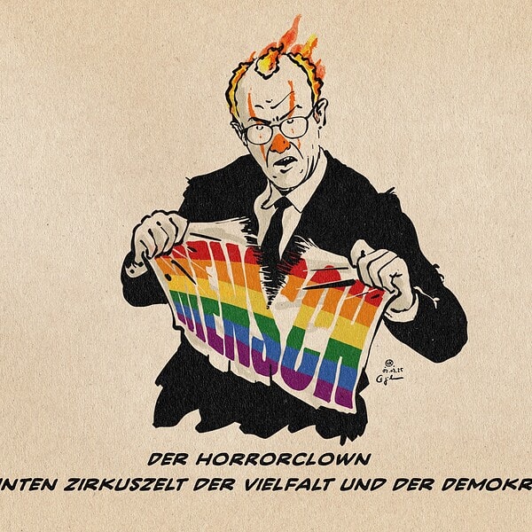 Illustration Merz als Horrorclown mit flammender Clownsfrisur, roter Nase und roten Strichen über den Augen auf weißem Gesicht, wie er eine Regenbogenfahne zerreisst, auf der Mensch steht. Textzeile: Der Horrorclown im bunten Zirkuszelt der Vielfalt und der Demokratie