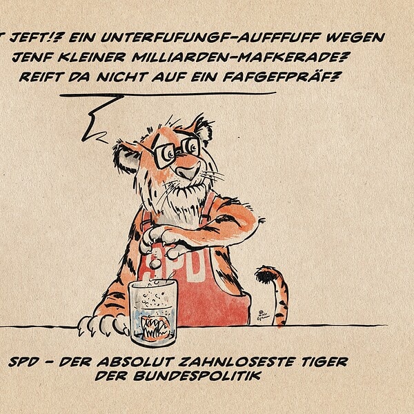 Zeichnung eines zahnlosen Tigers mit Bier, satirisch über Politik.