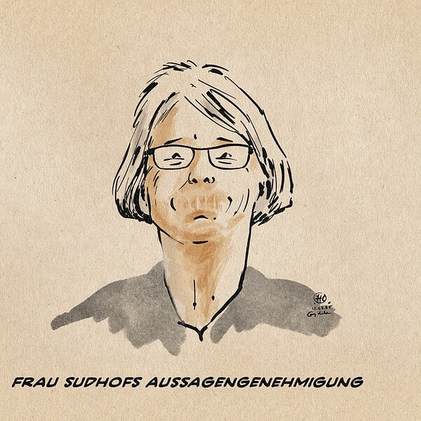 Illustration von Frau Richterin Sudhof, Sonderermittlerin im Fall Spahn, deren Mund wie im Film Matrix zugewachsen ist. Textzeile: Frau Sudhofs Aussagengenehmigung