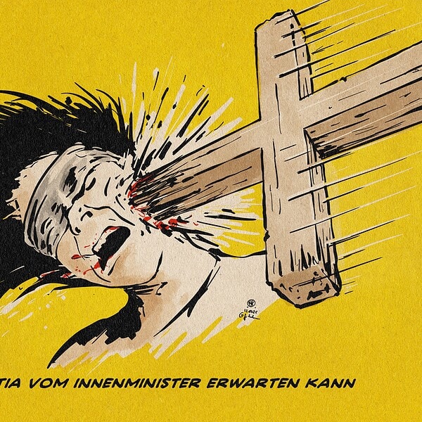 Illustration einer Justitia die mit Wucht im Gesicht voll von einem Christenkreuz getroffen wird, so dass ihr Kopf zur Seite fliegt. Textzeile: Was Justitia vom Innenminister erwarten kann.