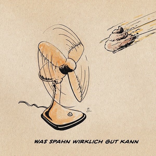 Illustration eines Stücks Scheiße, das auf einen laufenden goldenen Ventilator zufliegt. Textzeile: Was Spahn wirklich gut kann