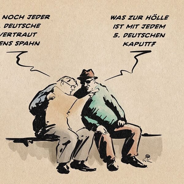Illustration zweier Männer die eine Zeitung lesen. der eine liest vor: Nur noch jeder 5. Deutsche vertraut Jens Spahn. Der andere entgegnet: Was zur Hölle ist mit jedem 5. Deutschen kaputt?