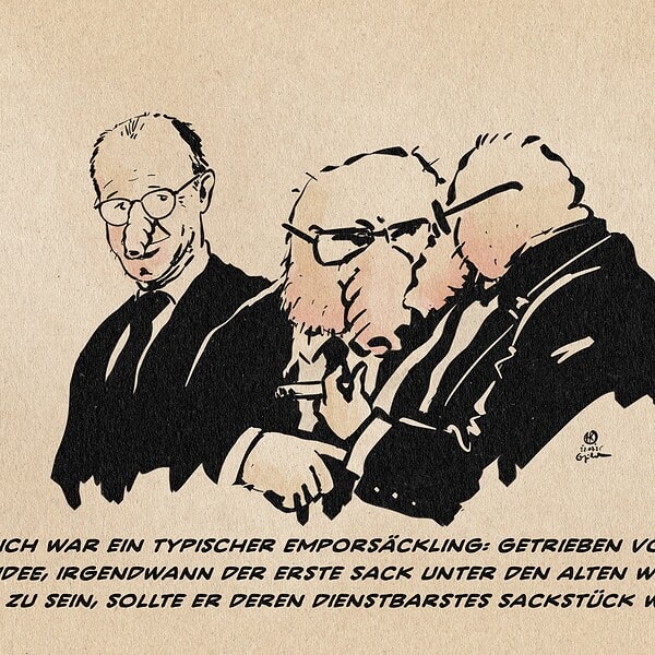 Illustration von Merz als Sackgesicht im Hintergrund zweier alter weißer Säcke, die sich zigarrenrauchend unterhalten, wie er zu diesen hinüberblickt. Textzeile: Friedrich war ein typischer Emporsäckling: getrieben von der fixen idee, irgendwann der erste Sack unter den alten weißen Säcken zu sein, sollte er deren dienstbarstes Sackstück werden.