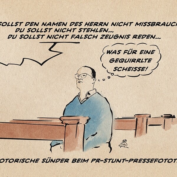 Illustration von Jens Spahn in der Kirche (Bildzitat eines Pressefotos). Von der Kanzel ausserhalb des Bildes tönen die zehn Gebote ins Auswahl: Du sollst den Namen des Herrn nicht missbrauchen..Du sollst nicht stehlen..Du sollst nicht falsch Zeugnis reden.. Spahn denkt sich: Was für eine gequirrlte Scheiße! Textzeile: Der Notorische Sünder beim PR-Stunt-Pressefototermin