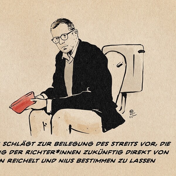 Illustration von Julian Reichelt, Chef des sich als Medienhaus aufplusternden rechtslibertären Blogs NIUS, auf dem Klo hockend und eine rote Richtermütze, wie sie am Bundesverfassungsgericht getragen wird, in Händen haltend. Textzeile: Die Union schlägt zur Beilegung des Streits vor, die Besetzung der Richter*innen zukünftig direkt von Julian Reichelt und NIUS bestimmen zu lassen.