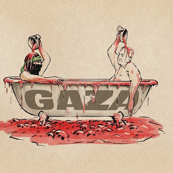 Illustration eines Hamas-Kämpfers und von Netanjahu in einer überlaufenden, blutgefüllten mit Gaza beschrifteten Badewanne, beide gießen sich entspannt aus Schädeln Blut über die Häupter. Die Badewanne steht in einer Lache aus Blut und Schädeln.