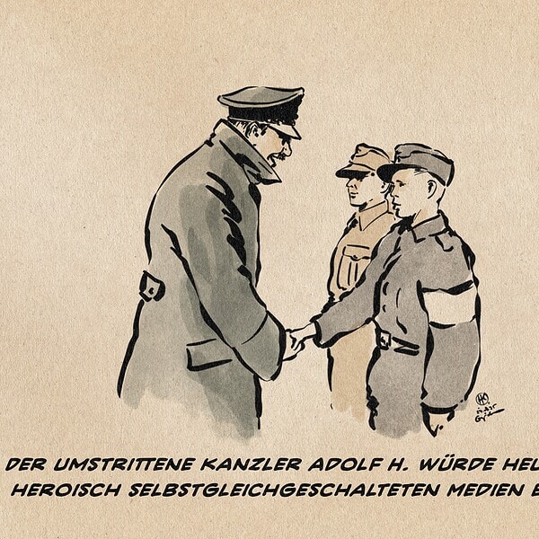 Illustration Bildzitat einer der letzten Aufnahmen Adolf Hitlers zu Lebzeiten in den Ruinen Berlins bei der Ehrung von Pimpfen, Kindern, die im letzten Aufgebot gegen die Russen verheizt wurden. Textzeile: Der umstrittene Kanzler Adolf H. würde heute die heroisch selbstgleichgeschalteten Medien ehren.