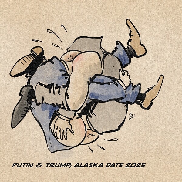 Illustration von Putin und Trump, die sich gegenseitig in den Arsch kriechen. Textzeile Putin & Trump, Alaska Date 2025