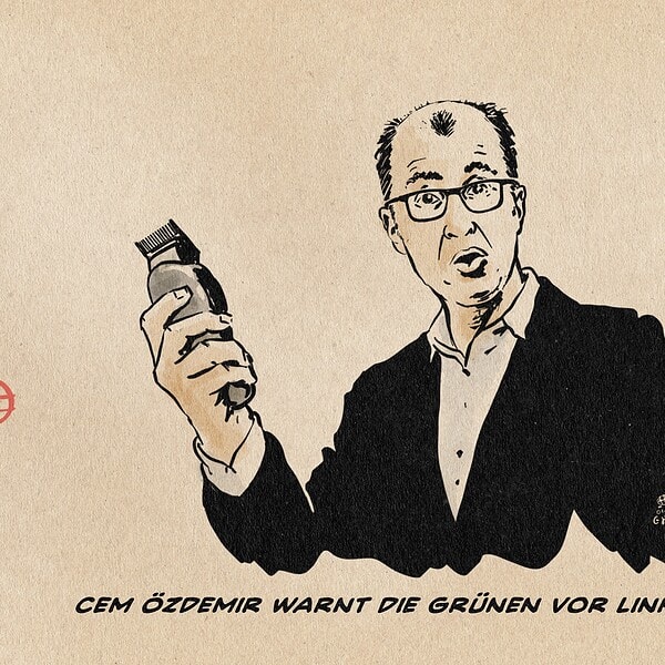 Illustration von Cem Özdemir, der sich mit einem Rasierer eine Friedrich Merz-Stirnpüschelfrisur rasiert hat. Textzeile: Cem Özdemir warnt die Grünen vor Linksruck.