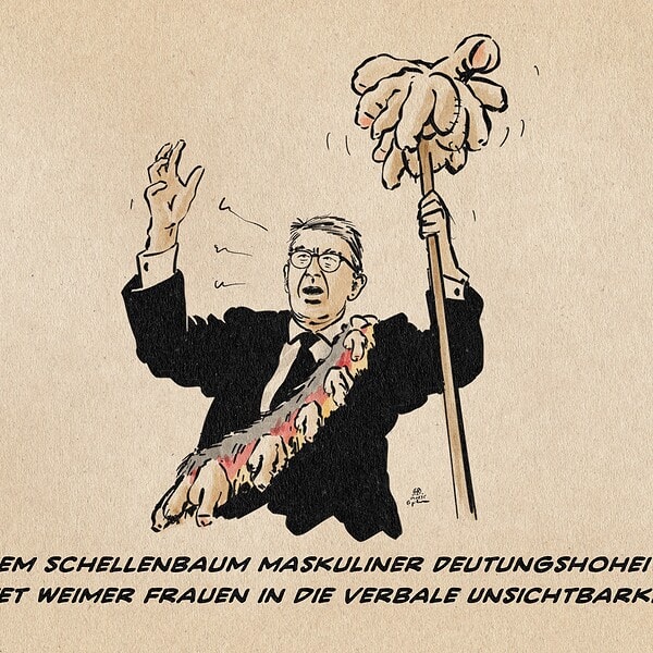 Illustration von Kulturstaatsminister Weimer mit einer in Nationalfarben gehaltenen Fellschärpe auf der Penisse hängen und einem Stab in der Hand an dessen Kopfende lauter Penisse befestigt sind mit erhobenen Händen in Art eines archaischen Priesters gestikulierend. Textzeile: Mit dem Schellenbaum Maskuliner Deutungshoheit gebietet Weimer Frauen in die verbale Unsichtbarkeit