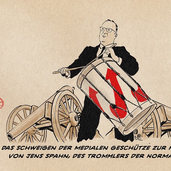 Illustration von Jens Spahn auf einer umgeschnallten langen, mit AFD Logos verzierten Trommel aufspielend. Hinter ihm Kanonen, deren Rohre zu Boden zeigen. Textzeile: Das Schweigen der Medialen Geschütze zur Korruption von Jens Spahn, des Trommlers der Normalisierung