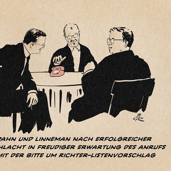 Illustration von Spahn, Merz und Linnemann lachend an einem Tisch, auf dem ein rotes Telefon steht. Merz hat die Hand griffbereit über dem Hörer. Textzeile: Merz, Spahn und Linneman nach erfolgreicher Schlammschlacht in freudiger Erwartung des Anrufs der SPD mit der Bitte um Richter-Listenvorschlag