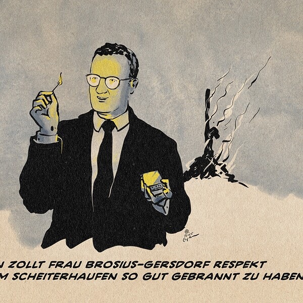 Illustration von Jens Spahn der vor Nachthimmel fasziniert in die Flamme eines Streichholzes blickt. Hinter ihm ein schwelender, abgebrannter Scheiterhaufen. Textzeile: Spahn zollt Frau Brosius-Gersdorf Respekt (Auf seinem Scheiterhaufen so gut gebrannt zu haben)