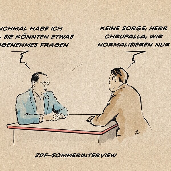 Illustration von Chrupalla im Sommerinterview. Er sagt zum Moderator: Manchmal habe ich Sorge, sie könnten etwas unangenehmes Fragen. Der Moderator antwortet: Keine Sorge, Herr Chrupalla, wir normalisieren nur. Textzeile: ZDF-Sommerinterview.