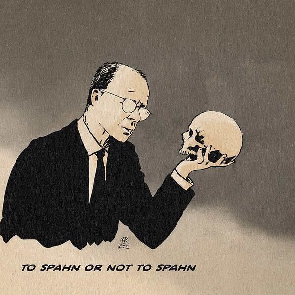 Illustration von Friedrich Merz, der in Hamlet-Pose einen Totenschädel vor sich haltend diesen betrachtet. Textzeile: To Spahn or not to Spahn