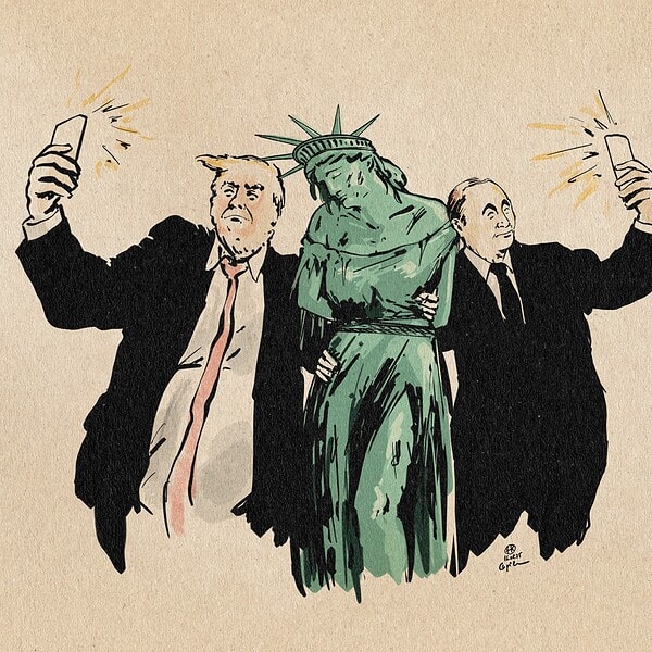 Illustration einer gefesselten und geschändeten Personifikation der Freiheit, der Freiheitsstatue zwischen Trump und Putin, die sie umgreifend an der Taille fassen und zufrieden mit ihren Handys Selfies von sich aufnehmen.