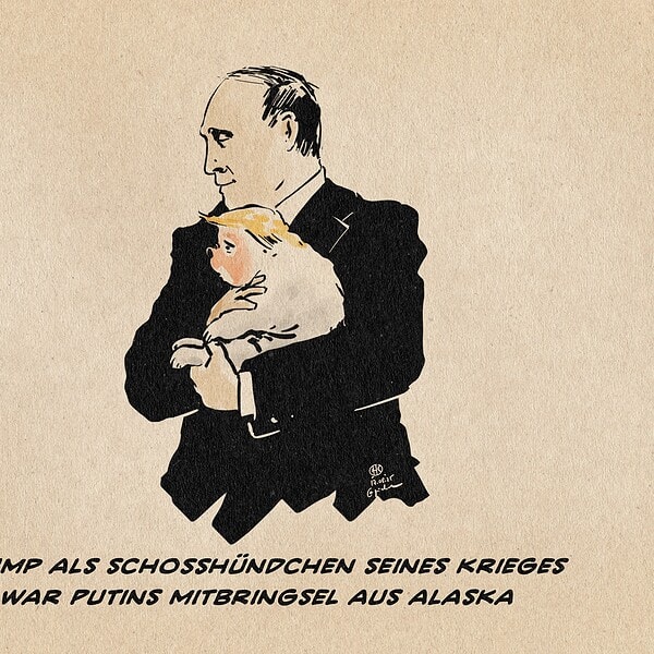Illustration von Putin, der Trump als Schoßhündchen am Hals kraulend auf dem Arm trägt. Textzeile: Trump als Schoßhündchen seines Krieges war Putins Mitbringsel aus Alaska