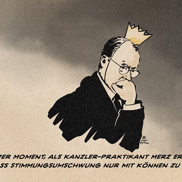 Karikatur eines nachdenklichen Mannes mit Krone, Symbol für Kanzler Merz.