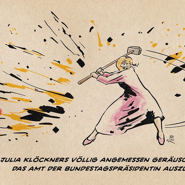Illustration von Julia Klöckner, die energiegeladend einen Vorschlaghammer schwingend im Zentrum steht. Textzeile: Julia Klöckners völlig angemessen geräuschlose Art, das Amt der Bundestagspräsidentin auszuführen.