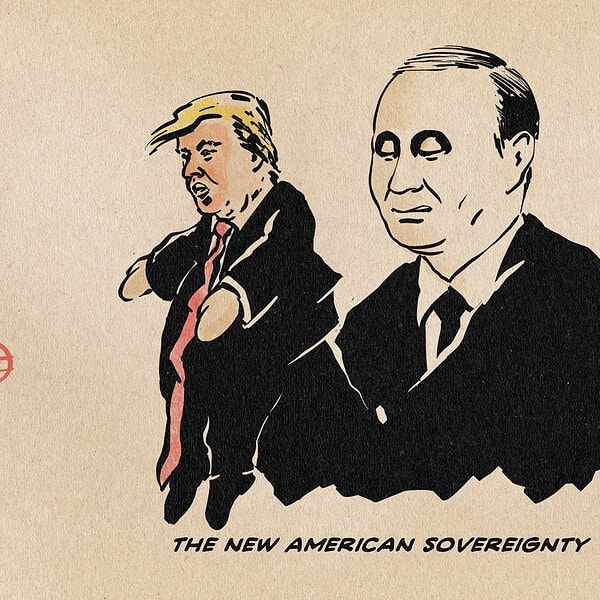 Illustration of Trump as a puppet maneuvered by Putin. Textline: The new American sovereignty