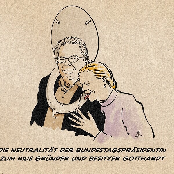 Illustration von Klöckner die verliebt an einer schmutzigen, triefenden Klobrille leckt, welche der NIUS Gründer Gotthardt um den Halt trägt. Textzeile: Die Neutralität der Bundestagspräsidentin zum NIUS Gründer und Besitzer Gotthardt