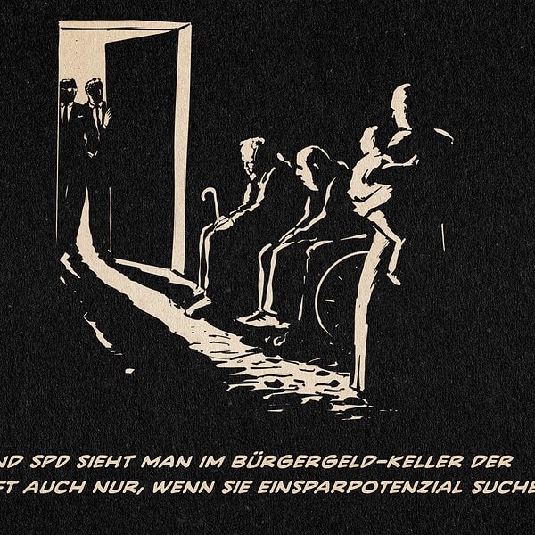 Illustration eines schwarzen Kellers, in welchen durch eine geöffnete Türe eine schmaler Lichtspalt fällt der die Konturen von Menschen beleuchtet. Ein Alter, ein Mensch im Rollstuhl, eine Frau mit Kind. Im Türspalt zwei Anzugträger, die in den Keller sehen. Textzeile: Union und SPD sieht man im Bürgergeld-Keller der Gesellschaft auch nur, wenn sie Einsparpotenzial suchen.