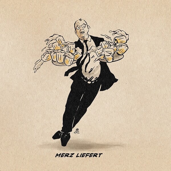 Illustration von Merz, der beim Austragen zweier übervoller Tabletts mit vollen Gläsern stolpert. Textzeile: Merz liefert.