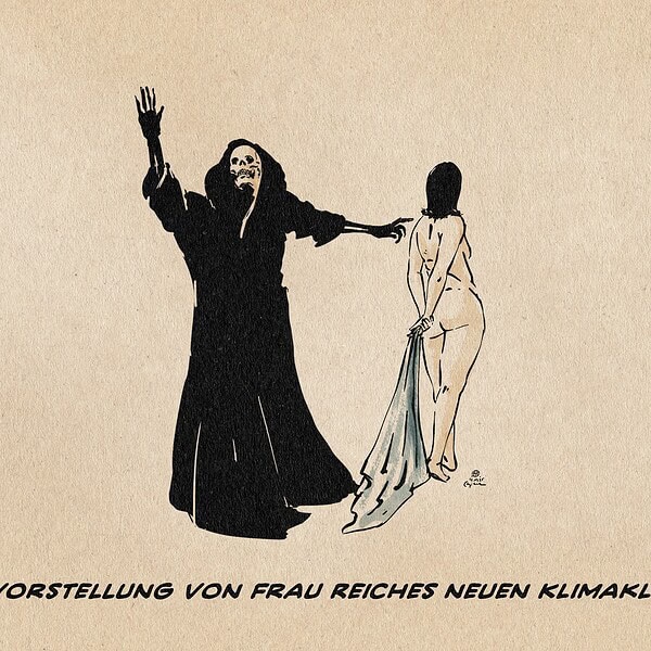 Illustration des Todes, der Frau Reiches neues Gewand ausruft. Frau Reiche ist nackt. Textzeile: Die Vorstellung von Frau Reiches neuen Klimakleidern.