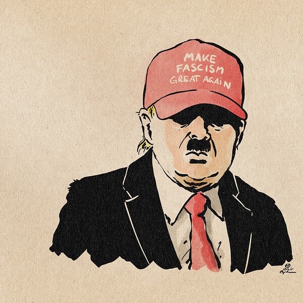 Illustration von Trump mit einer tief ins Gesicht gezogenen roten Kappe auf der Make Fascism great again steht. Er trägt ein Hitlerbärtchen.