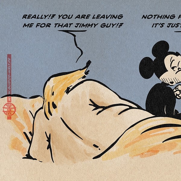 Illustration of Donald and Mickey the morning after. Mickey is smoking and getting ready to leave. Donald asks him, ‘Really? You're leaving me for that Jimmy guy?’ Mickey replies, ‘Nothing personal, Don. It's just the money.’