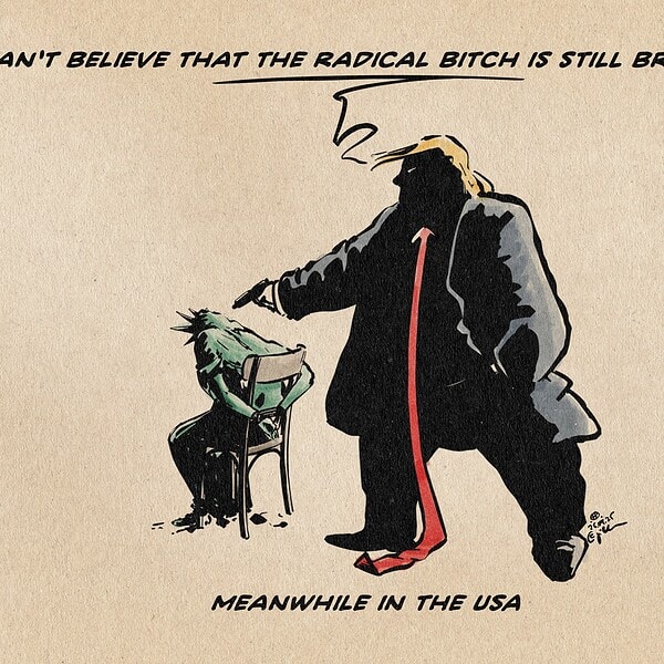 Illustration of Trump pointing a gun at Lady Liberty, who is tied to a chair and slumped over, saying: I can‘t believe, that the radical bitch is still breathin‘ textline: Meanwhile in the USA