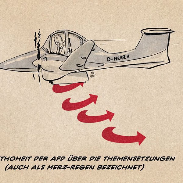 Illustration von Merz in seinem Privatflugzeug, aus dem wie aus einem Bomber AfD-Logos fallen. Textzeile: Die Lufthoheit der AfD über die Themensetzungen (auch als Merz-Regen bezeichnet)
