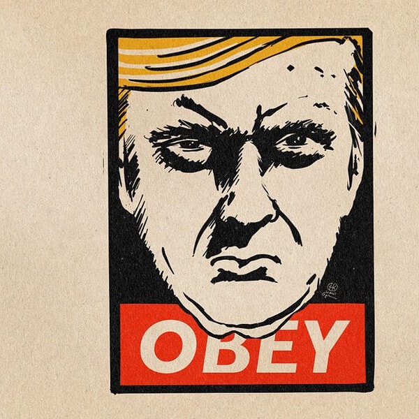 Illustration eines Plakates auf welchem in harten reduzierten Schwarz-Weiß Donald Trump über dem weißen Schriftzug auf rotem Grund „OBEY“ (Gehorche) zu sehen ist. EIne Adaption der Grafik von Shepard Fairey Obey zu 1984.