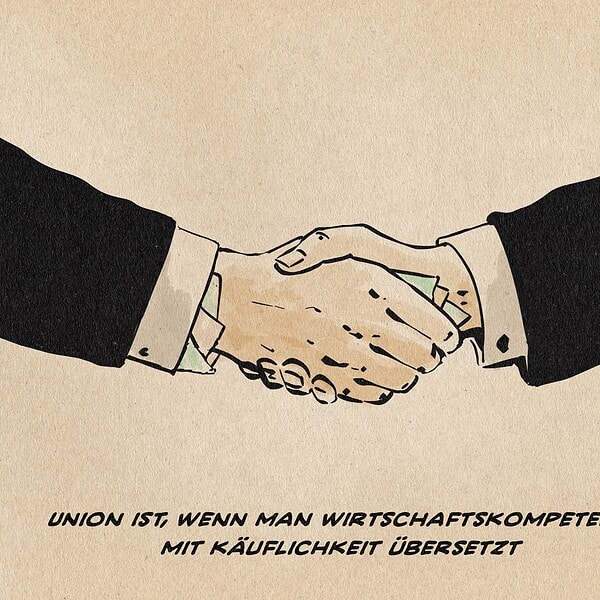 Illustration Händeschütteln zweier in Anzügen steckenden Hände. Die eine Hand steckt dabei der der anderen bunte Papiere zu, die ihr schon aus den Hemdbund lugen. Textzeile: Union ist, wenn man Wirtschaftskompetenz mit Käuflichkeit übersetzt.